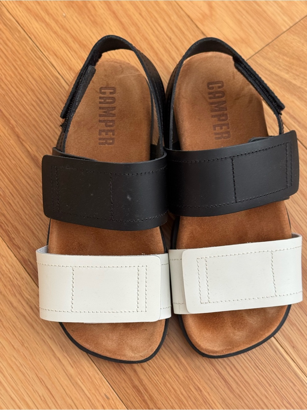 Camper Black and White Leather Strap Sandals